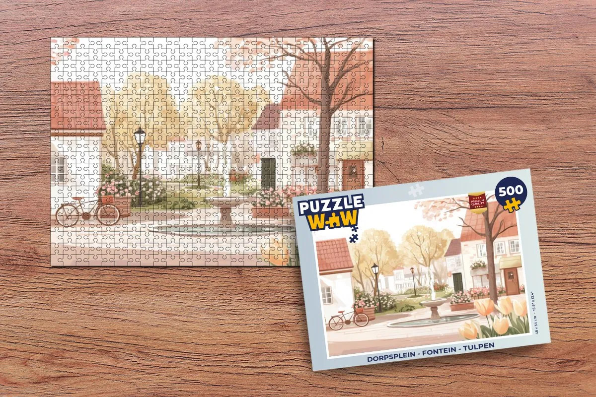 PuzzleWow Dorpsplein Legpuzzel 500 Stuks - Tulpen - Huisjes/Plein