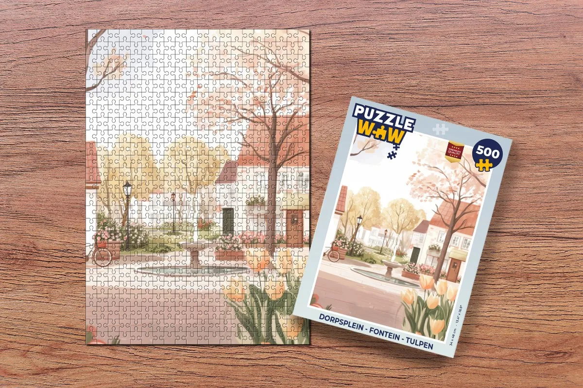 PuzzleWow Dorpsplein Legpuzzel 500 Stuks - Tulpen - Huisjes/Plein