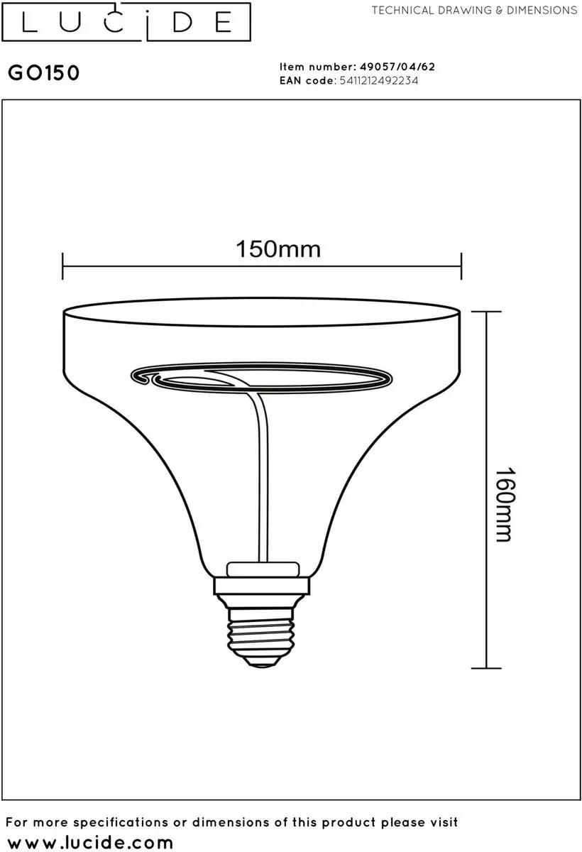Lucide GO150 LED Filamentlamp - Ø15cm - 4W 2200K - Amber - afbeelding 6 van 6