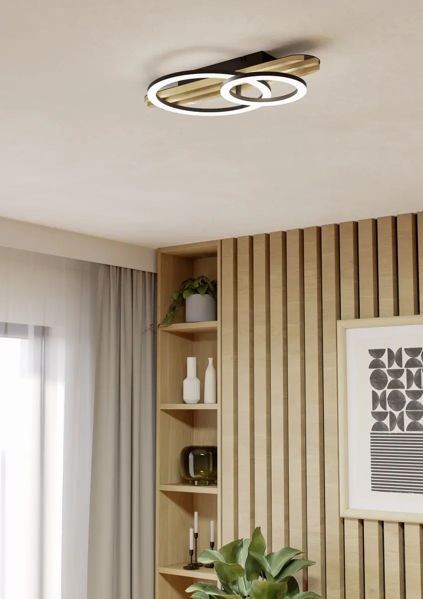 EGLO Cembrano Plafondlamp - LED - 50cm - Zwart/Natuur/Wit - afbeelding 6 van 6