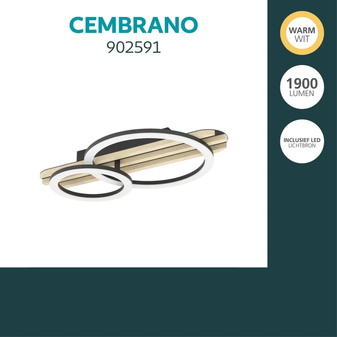 EGLO Cembrano Plafondlamp - LED - 50cm - Zwart/Natuur/Wit - afbeelding 5 van 6