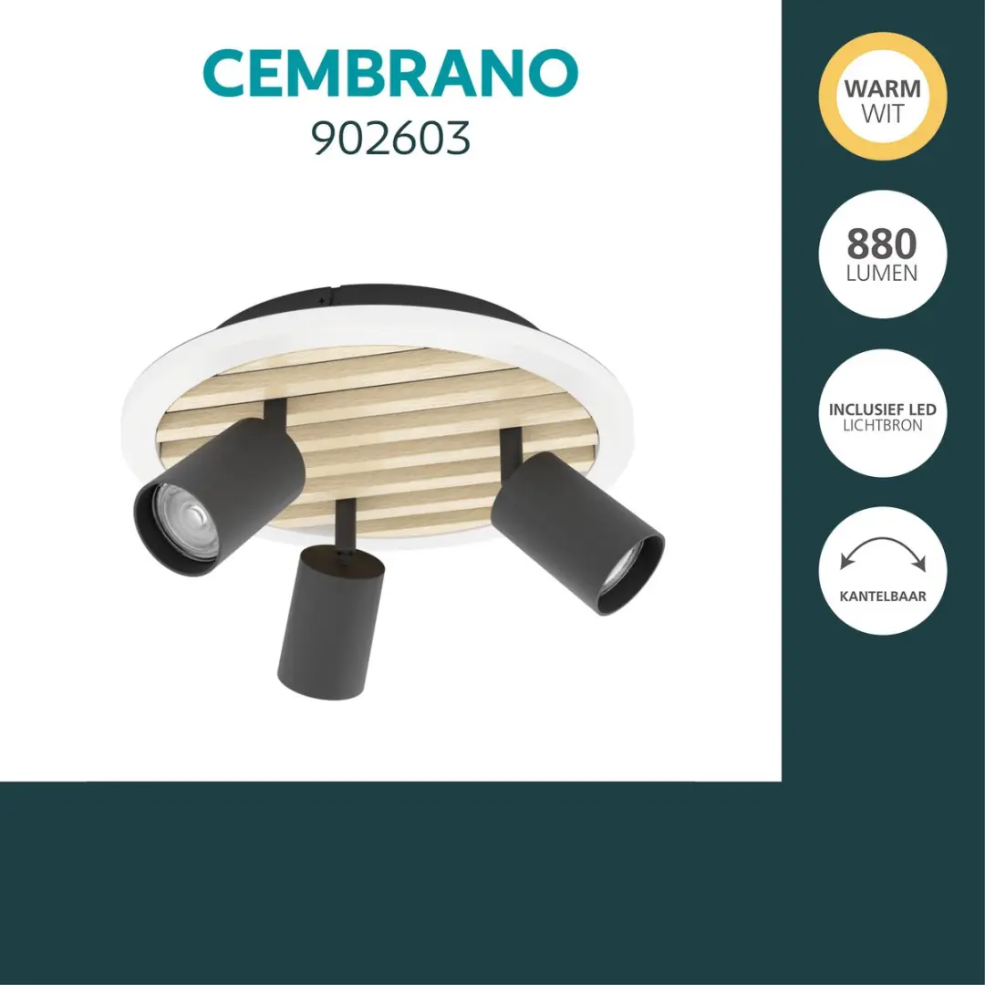 Eglo Cembrano Plafondlamp LED Ø30cm - Zwart/Natuur/Wit - afbeelding 3 van 6