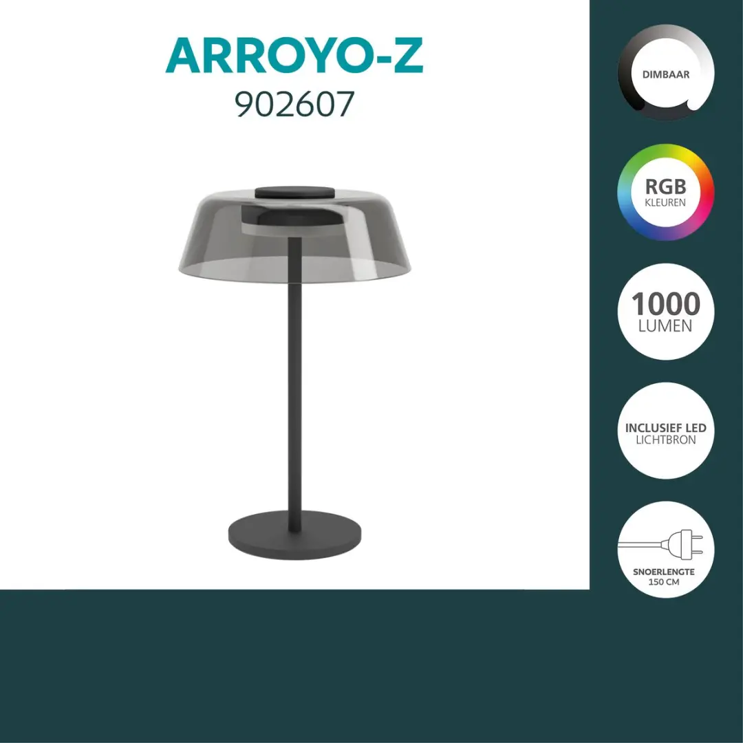 Eglo Arroyo-Z RGB Zigbee Tafellamp - 34cm - Zwart/Smoke - afbeelding 2 van 6