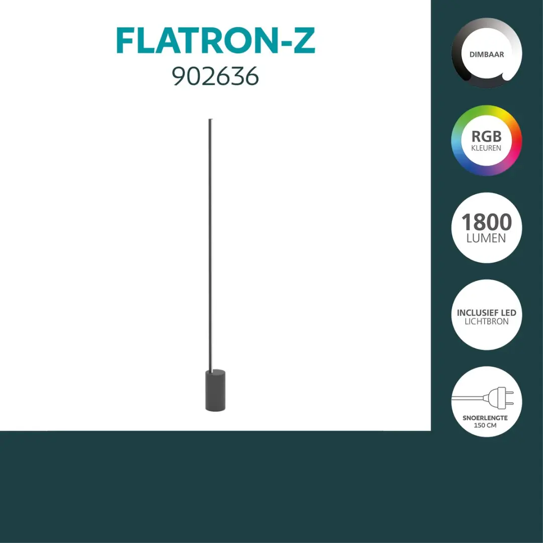Eglo Flatron-Z Vloerlamp 128cm - Zwart - RGB & Wit - Zigbee - afbeelding 3 van 6