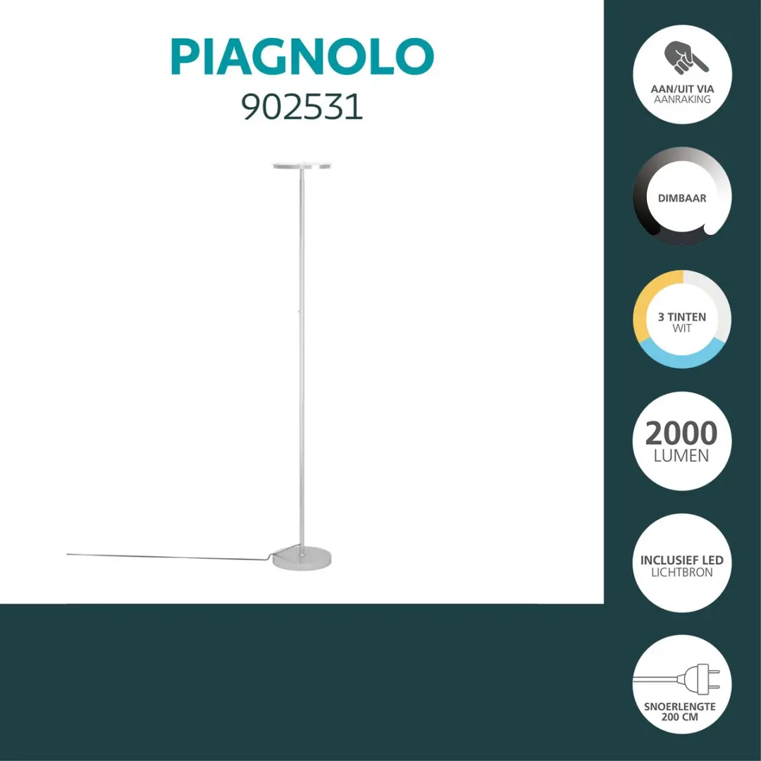 Eglo Piagnolo Vloerlamp 168cm - Zilver - Instelbaar wit licht - afbeelding 4 van 6
