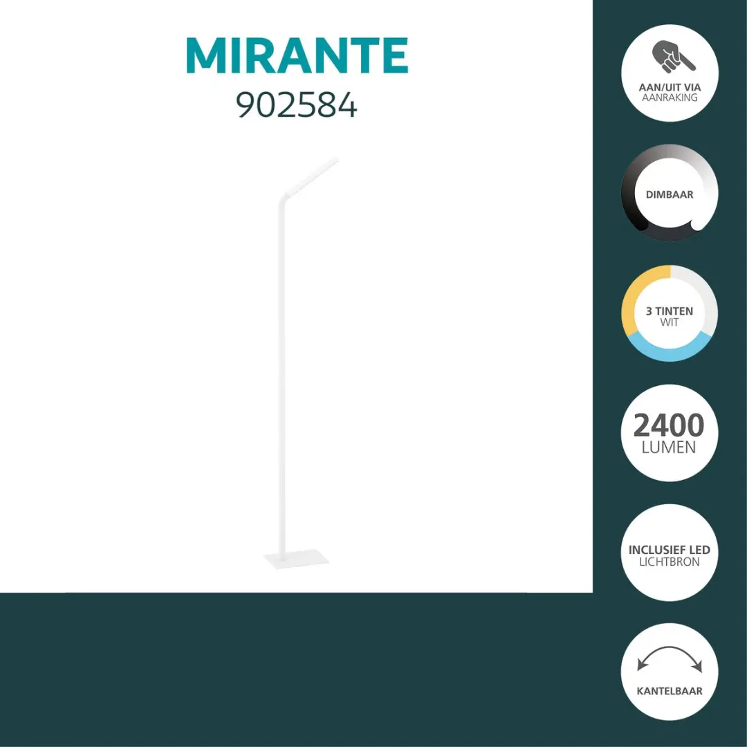 Eglo Mirante Vloerlamp 158cm - Wit - Instelbaar & Dimbaar - afbeelding 5 van 6