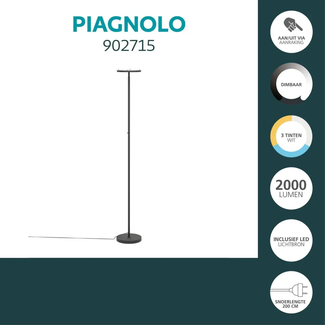 Eglo Piagnolo Vloerlamp 168cm - Zwart - Instelbaar wit licht - afbeelding 6 van 6