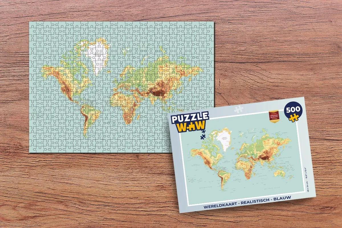 PuzzleWow Wereldkaart Legpuzzel 500 Stuks - Blauw