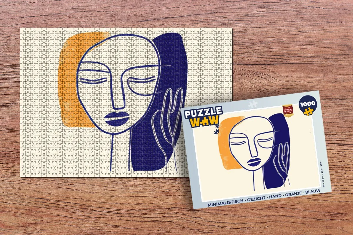 PuzzleWow Minimalistisch Gezicht Hand Legpuzzel 1000 Stuks - Oranje/Blauw