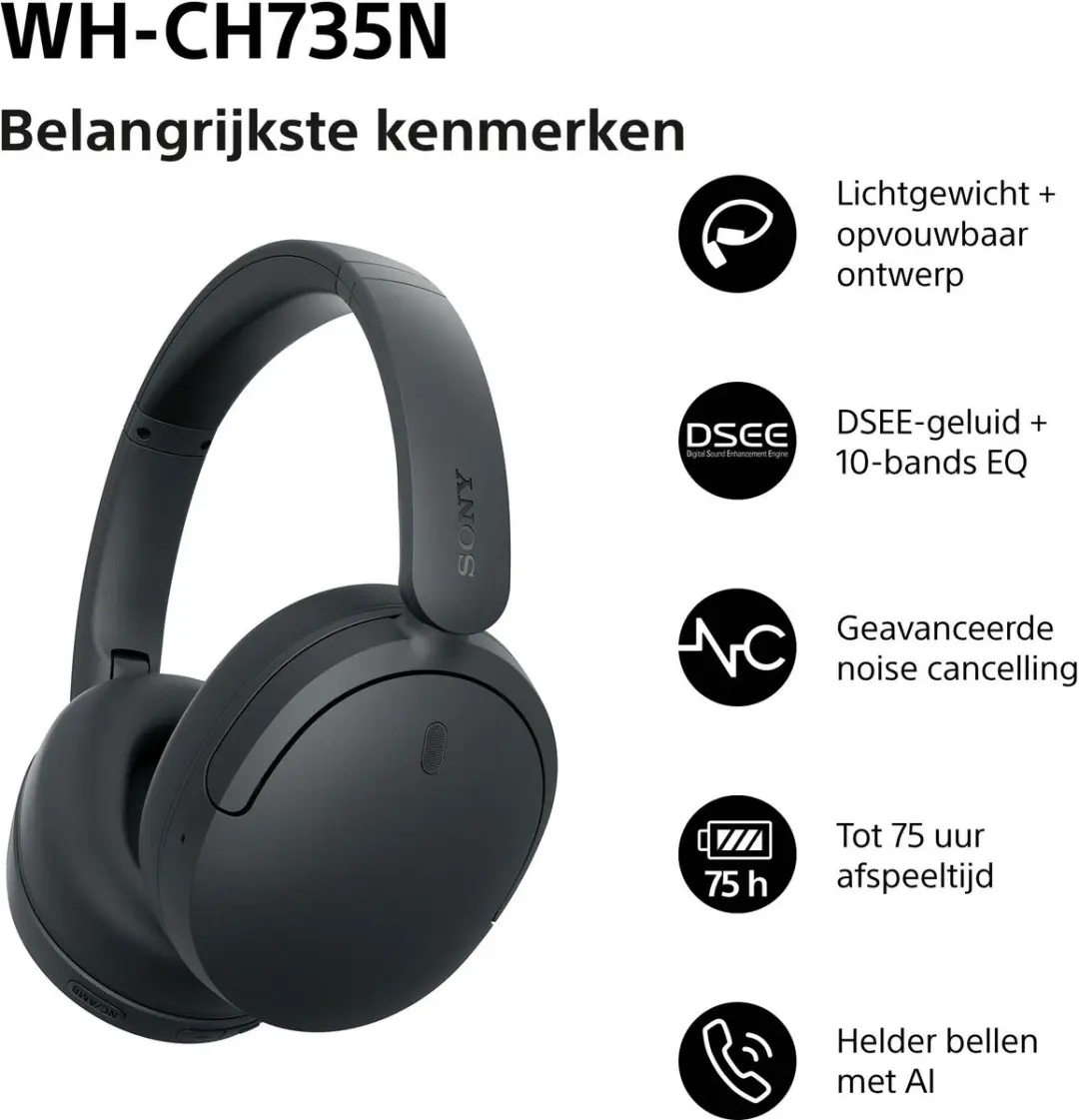 Sony WH-CH735N Noise Cancelling Koptelefoon - Zwart - afbeelding 5 van 6