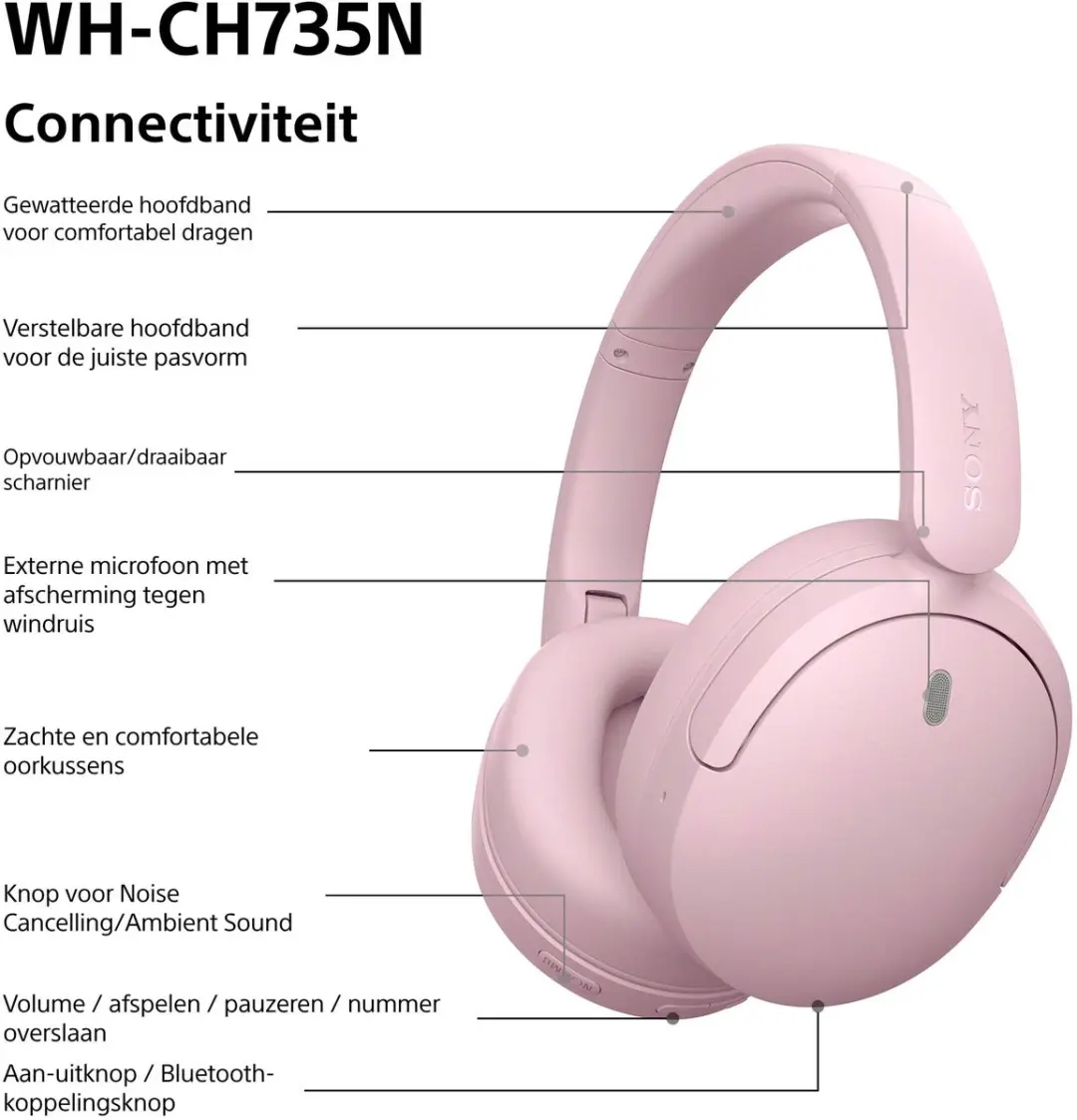 Sony WH-CH735N Noise Cancelling Koptelefoon - Roze - afbeelding 4 van 6