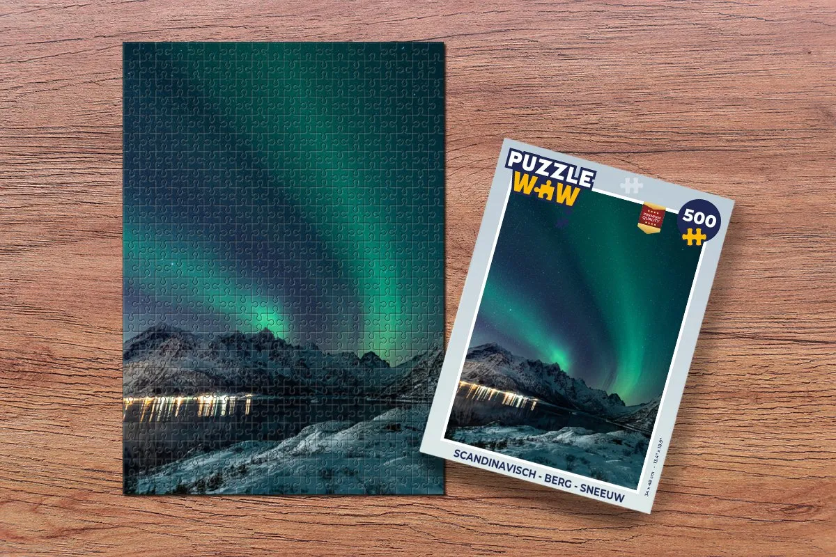 PuzzleWow Noorderlicht Berg Sneeuw Groen Sterrenhemel Legpuzzel 500 Stuks - Multicolor