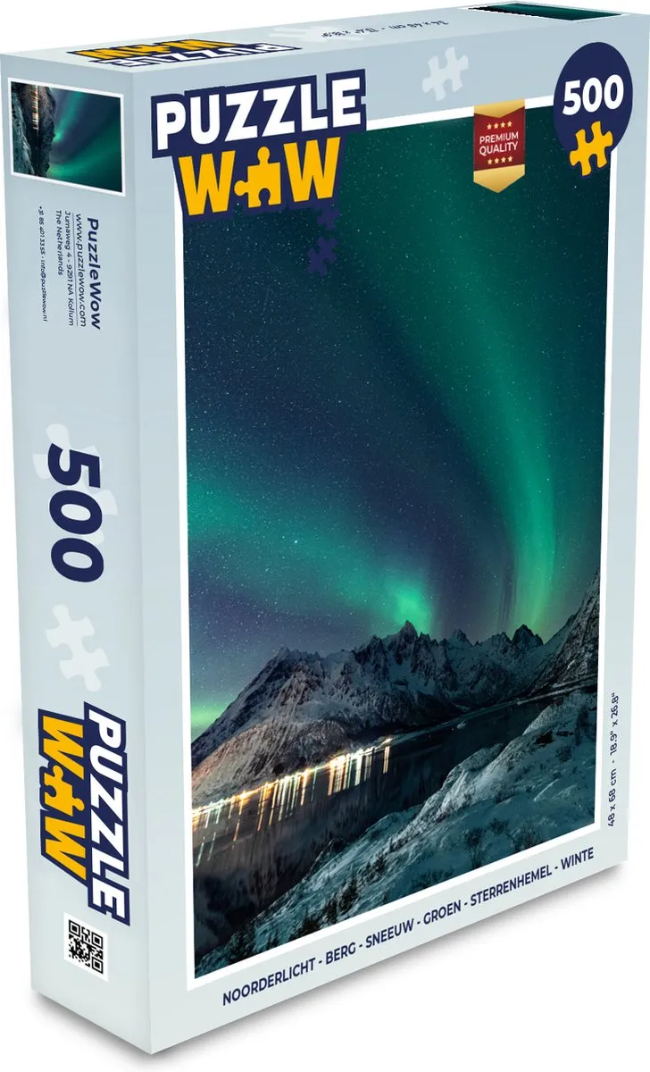 PuzzleWow Noorderlicht Berg Sneeuw Groen Sterrenhemel Legpuzzel 500 Stuks