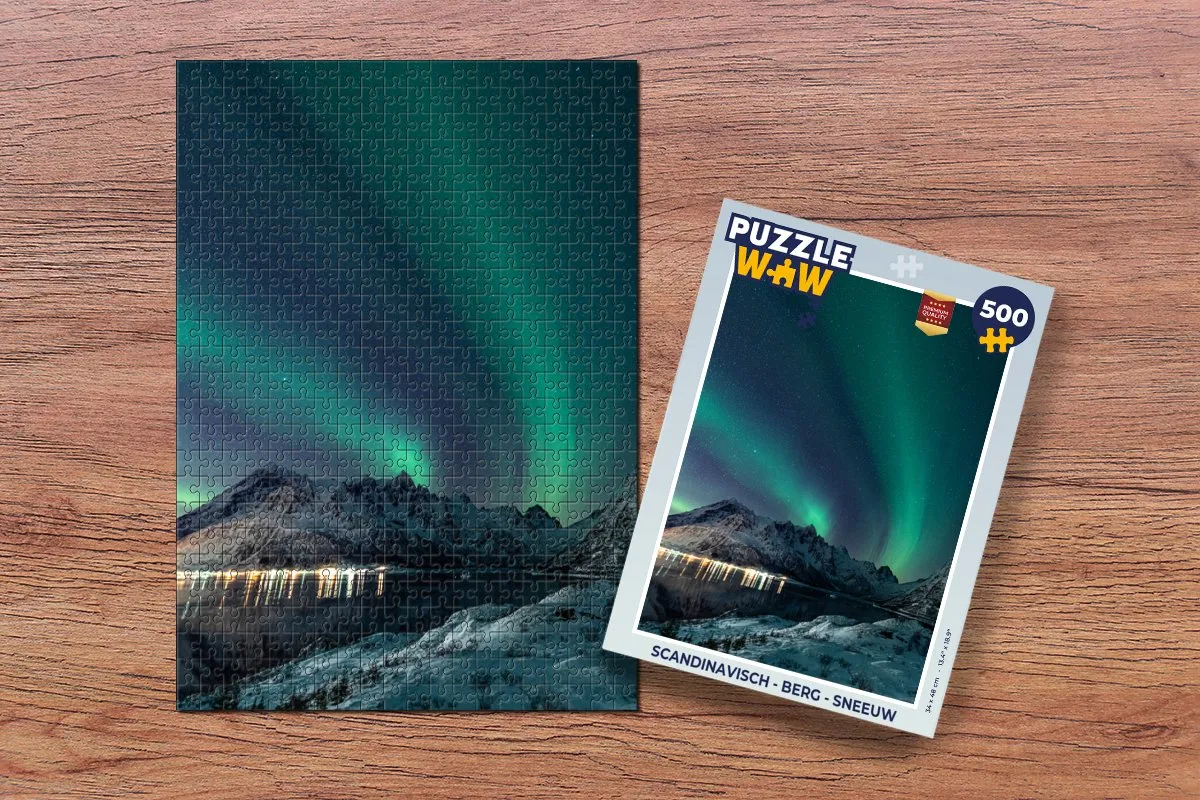 PuzzleWow Noorderlicht Berg Sneeuw Groen Sterrenhemel Legpuzzel 500 Stuks - Multicolor