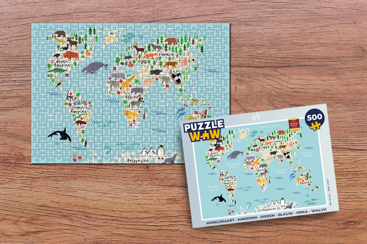 PuzzleWow Wereldkaart Dieren Puzzel 500 Stuks - Multicolor