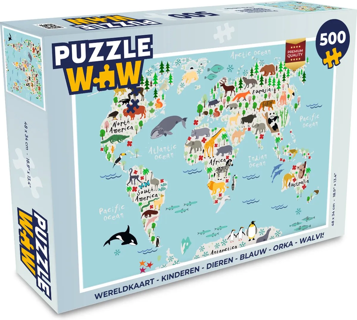 PuzzleWow Wereldkaart Dieren Puzzel 500 Stuks