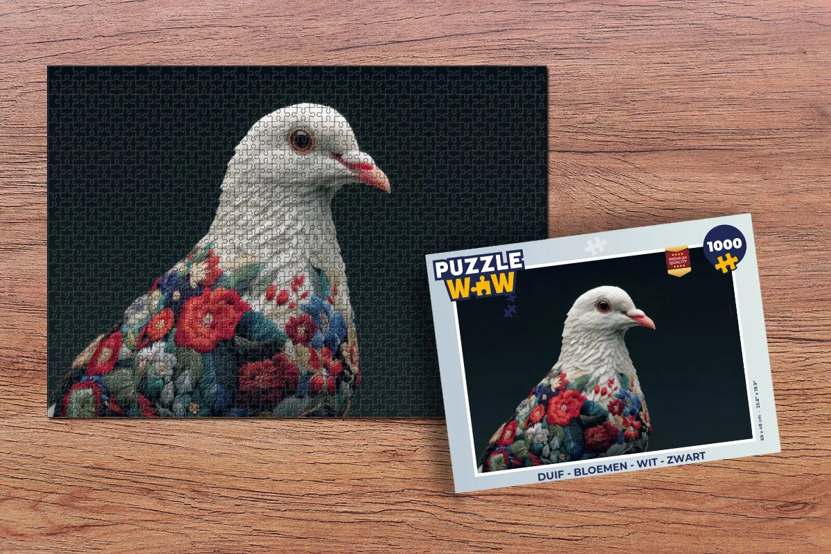 PuzzleWow Duif Bloemen Legpuzzel 1000 Stuks - Wit/Zwart