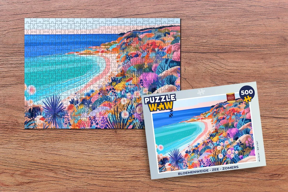 PuzzleWow Bloemenweide Zee Zomers Legpuzzel 500 Stuks - Strand/Zee/Bloemen