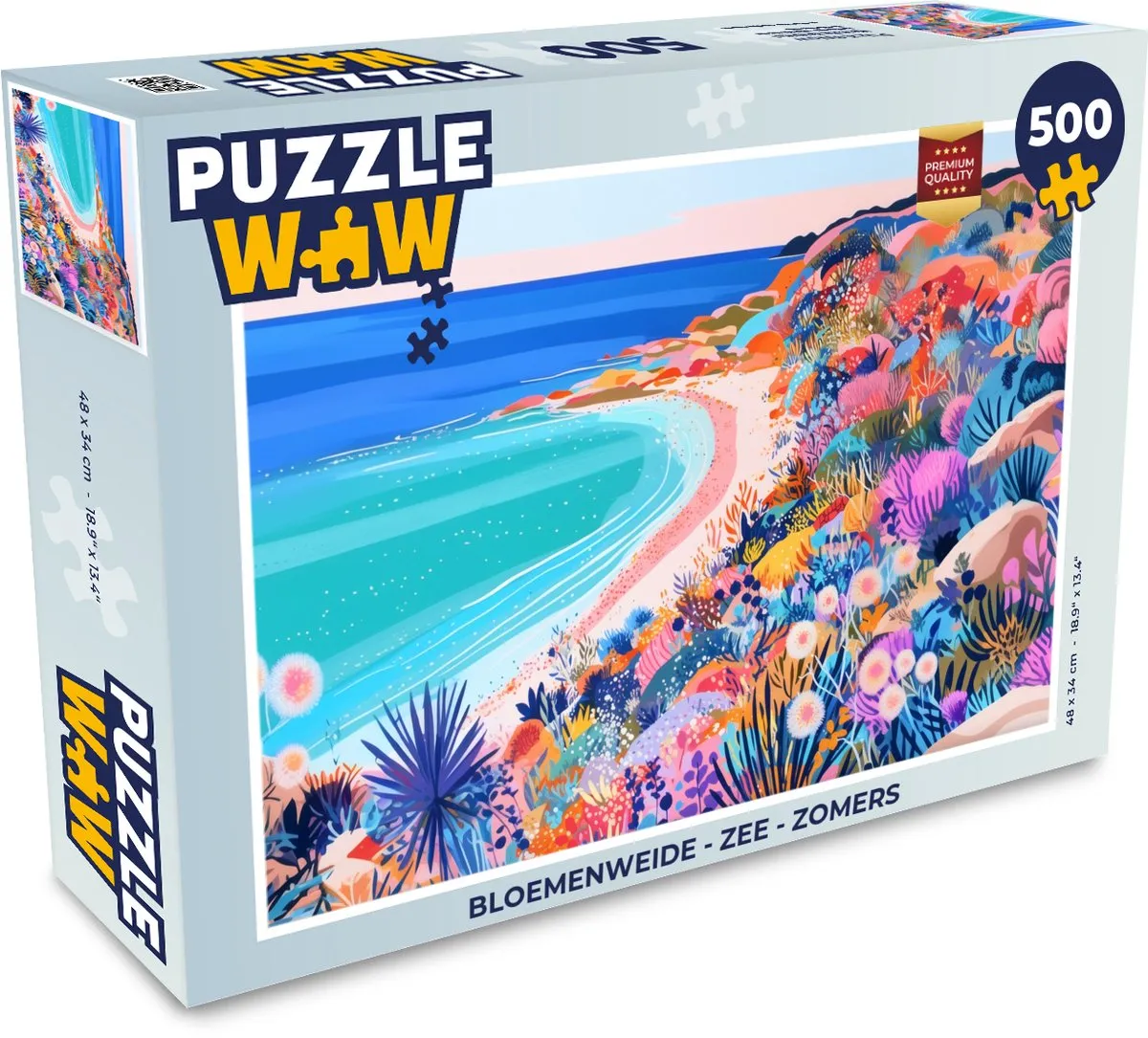 PuzzleWow Bloemenweide Zee Zomers Legpuzzel 500 Stuks - Strand/Zee/Bloemen