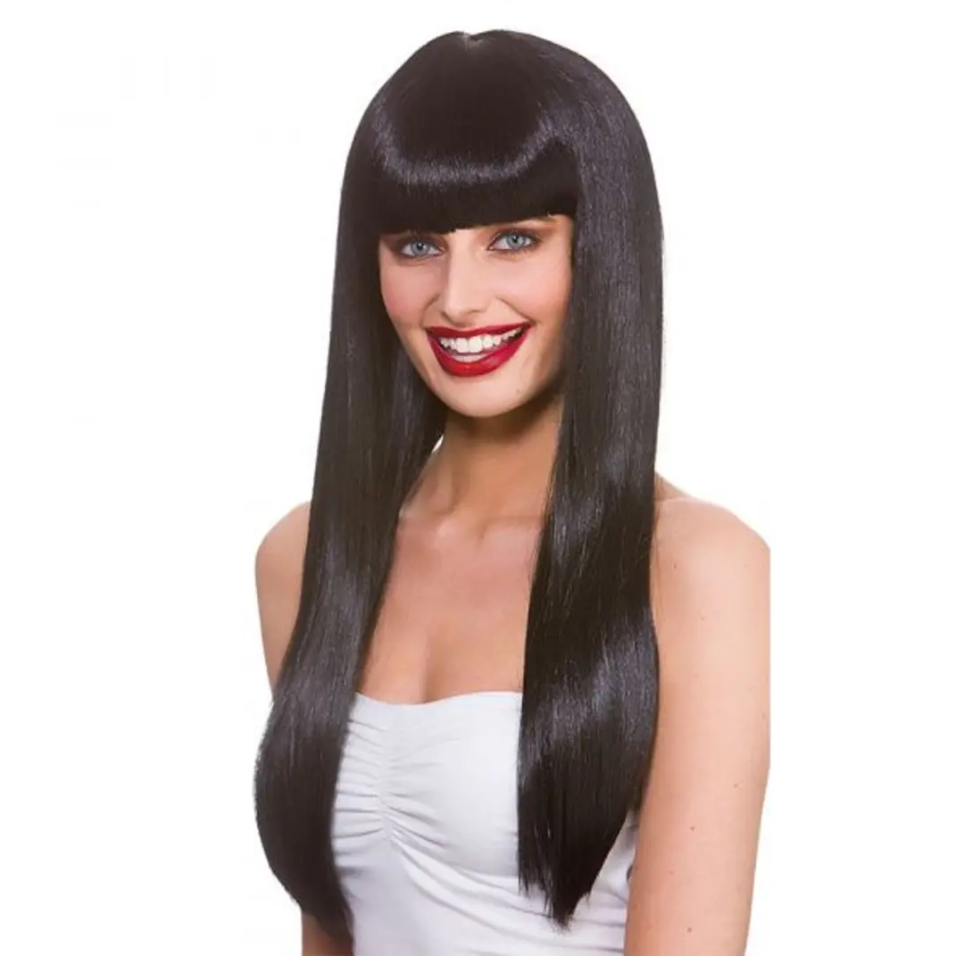 Zwarte pruik Fantasy lang haar met pony