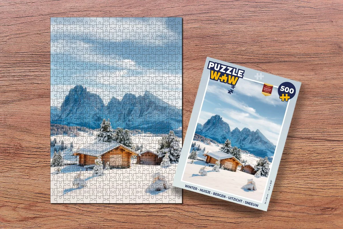 PuzzleWow Winter Huisje Bergen Uitzicht Sneeuw Legpuzzel 500 Stuks