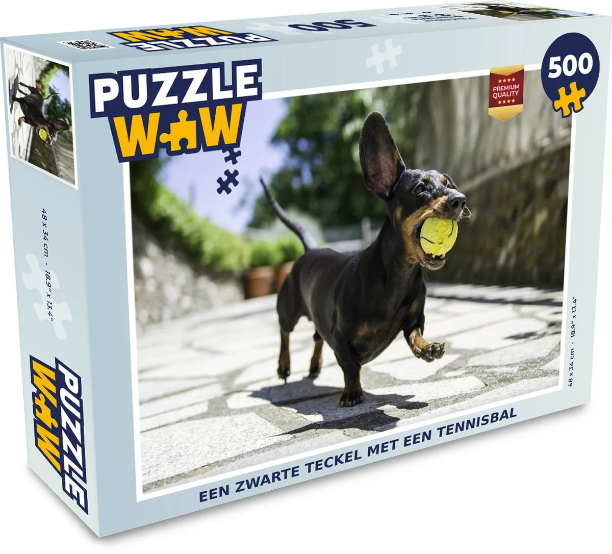 PuzzleWow Legpuzzel Een zwarte Teckel met een tennisbal 500 Stuks