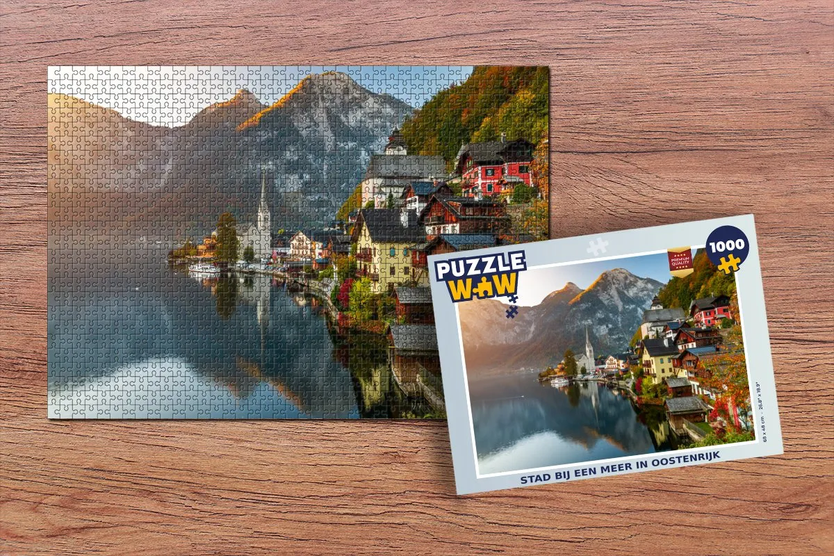PuzzleWow Legpuzzel 1000 Stuks - Oostenrijk Stad bij Meer - Multicolor