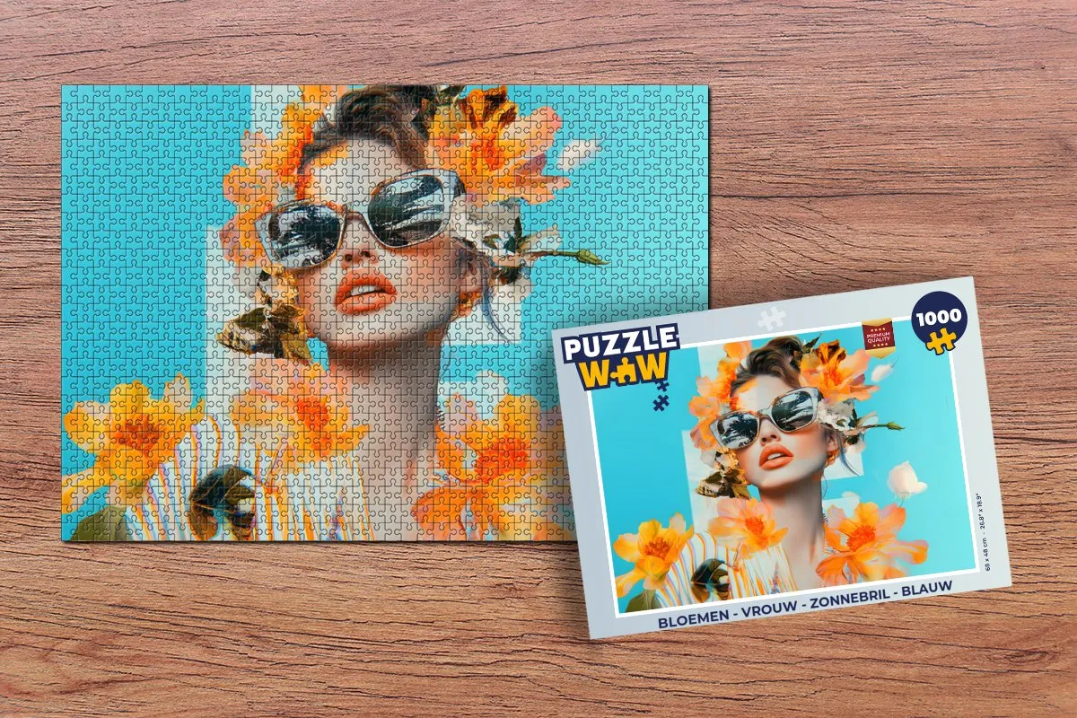 PuzzleWow Bloemen Zonnebril Vrouw Legpuzzel 1000 Stuks - Blauw