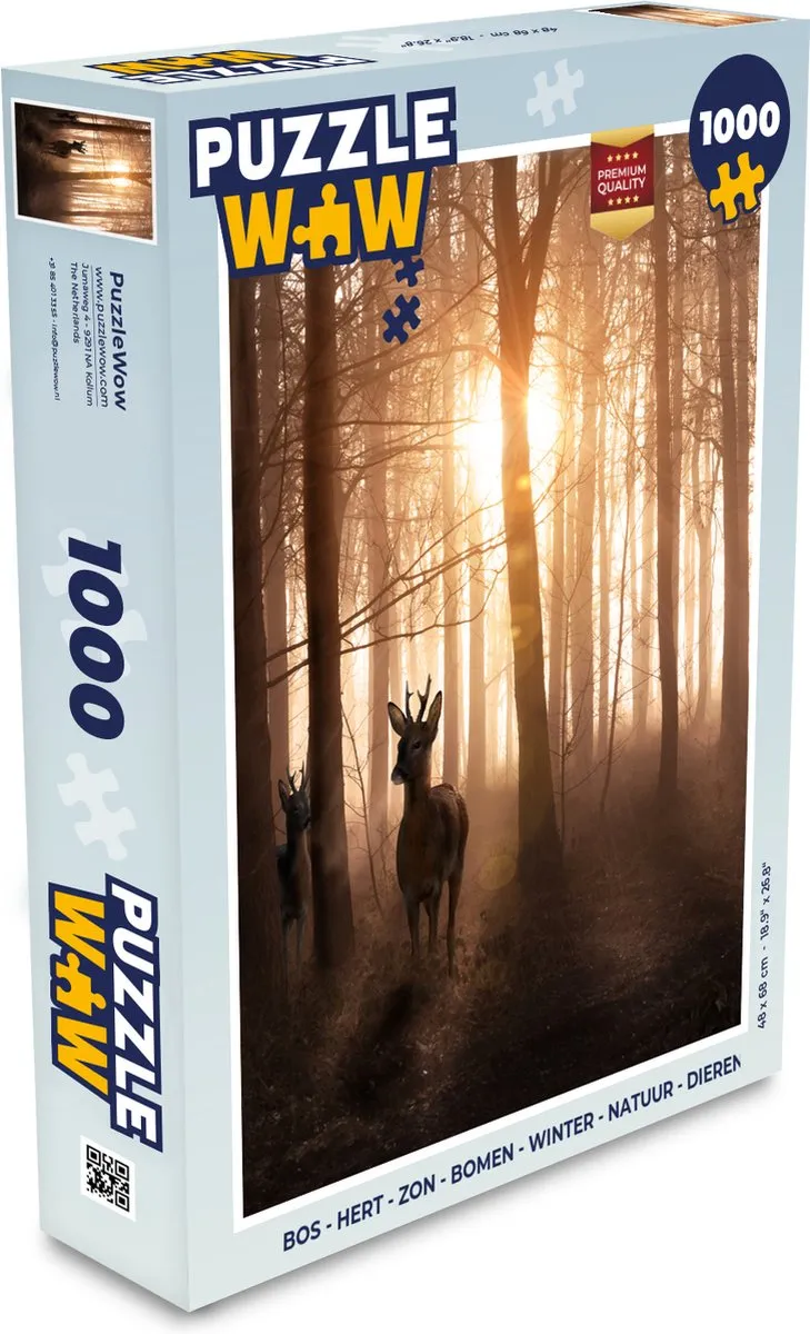 PuzzleWow Legpuzzel 1000 Stuks - Bos, Hert, Zon, Bomen - Multicolor