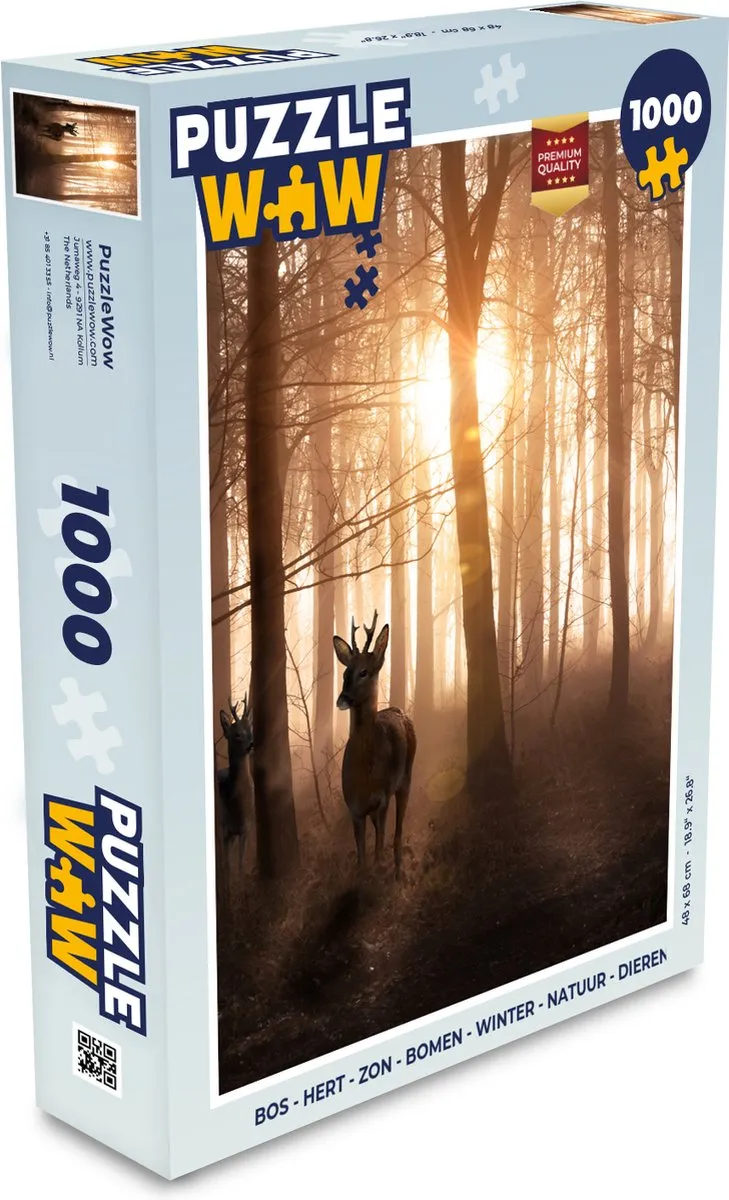 PuzzleWow Legpuzzel 1000 Stuks - Bos, Hert, Zon, Bomen - Multicolor