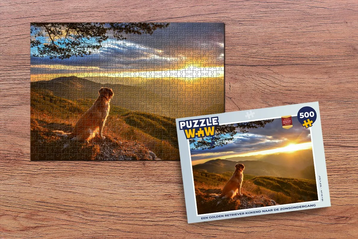 PuzzleWow Legpuzzel Golden Retriever Zonsondergang 500 Stuks - Multicolor