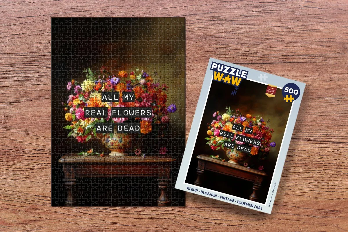 PuzzleWow Bloemenvaas Legpuzzel 500 Stuks - Vintage Bloemen - Quote