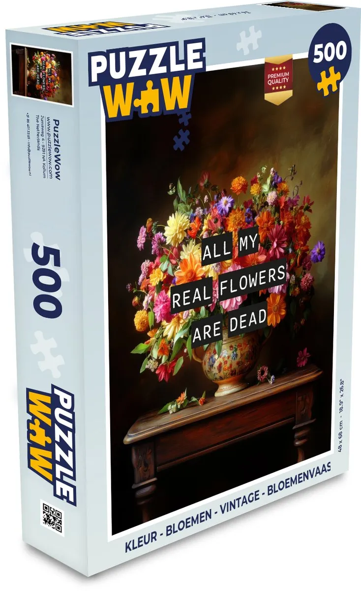 PuzzleWow Bloemenvaas Legpuzzel 500 Stuks - Vintage Bloemen - Quote