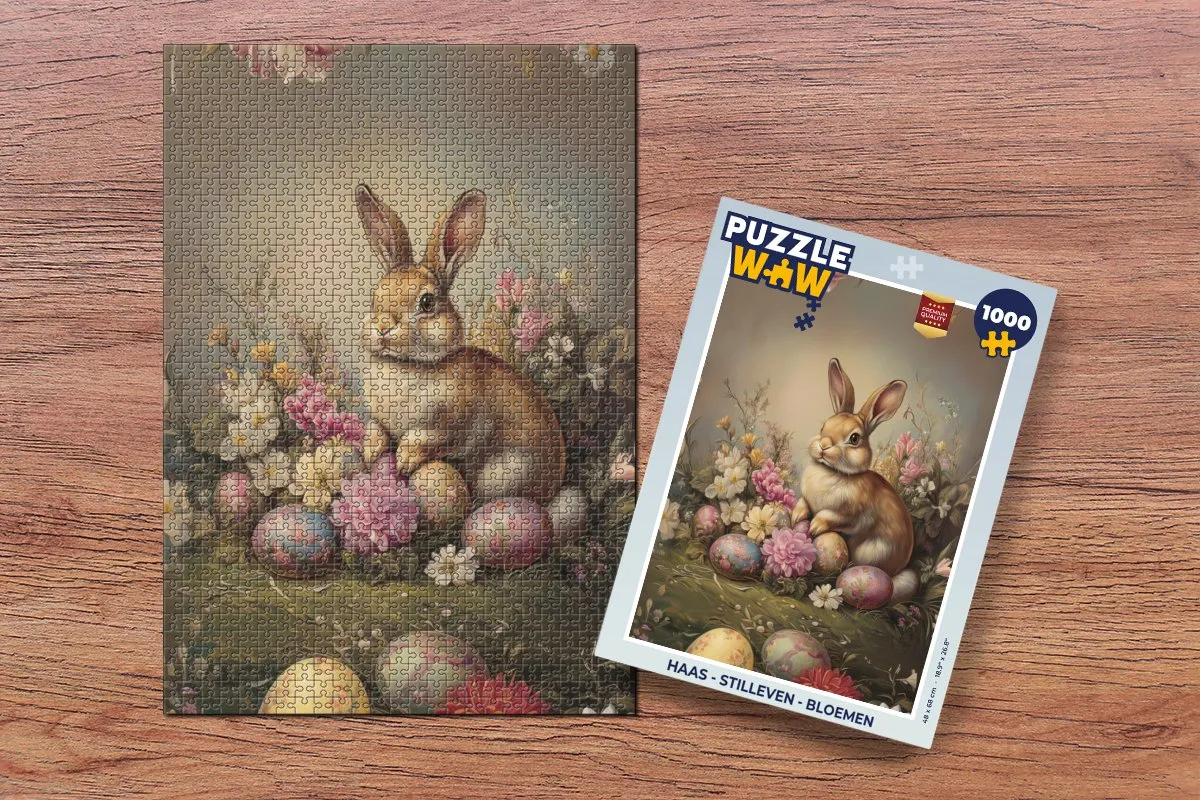PuzzleWow Puzzel Haas Stilleven Bloemen 1000 Stuks - Paashaas Vintage