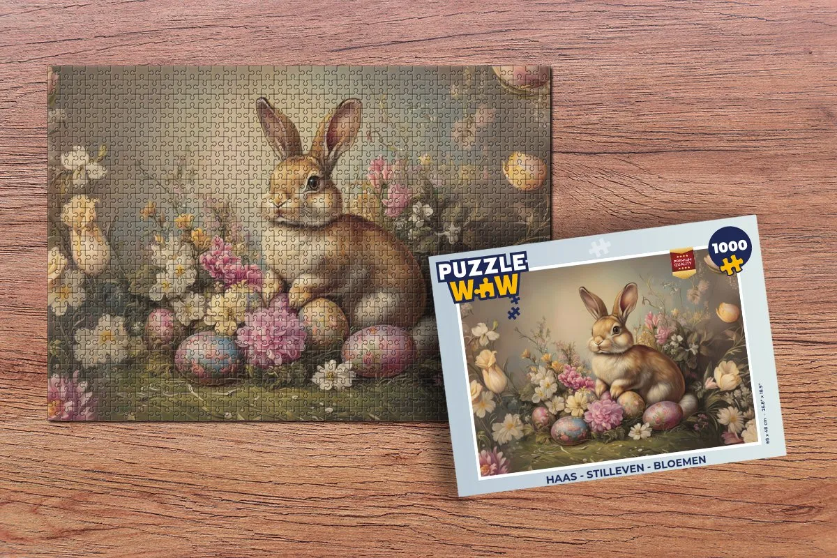 PuzzleWow Puzzel Haas Stilleven Bloemen 1000 Stuks - Paashaas Vintage