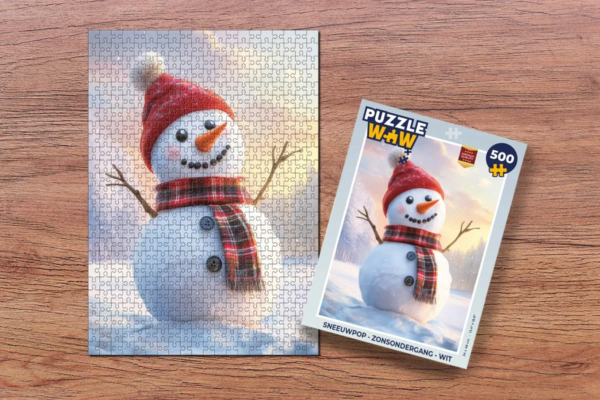 PuzzleWow Sneeuwpop Zonsondergang Puzzel - 500 Stuks - Wit