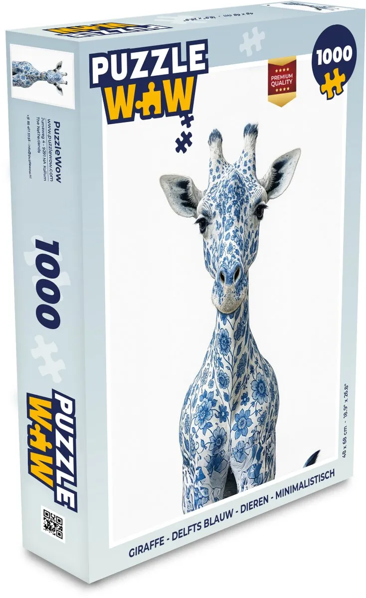 PuzzleWow Giraffe Legpuzzel 1000 Stuks - Delfts Blauw