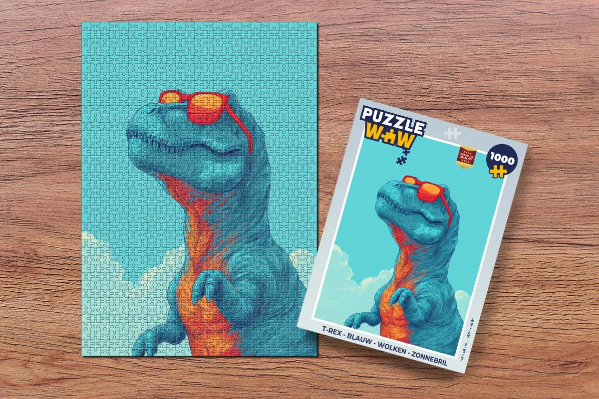 PuzzleWow T-Rex 1000 Stuks - Wolken & Zonnebril - Blauw