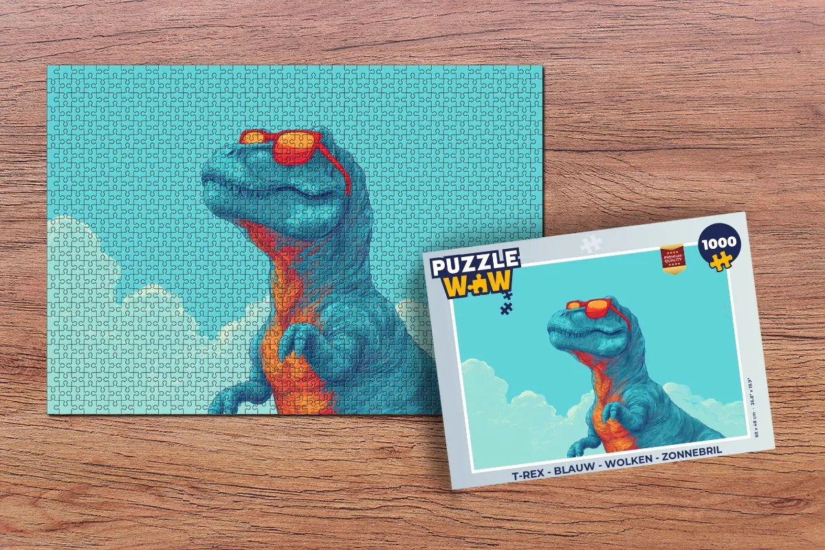 PuzzleWow T-Rex 1000 Stuks - Wolken & Zonnebril - Blauw