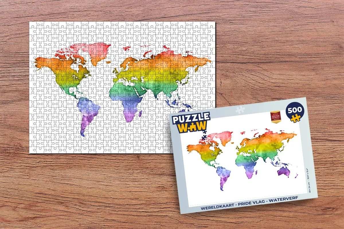 PuzzleWow Wereldkaart Pride Vlag Waterverf Legpuzzel 500 Stuks - Multicolor