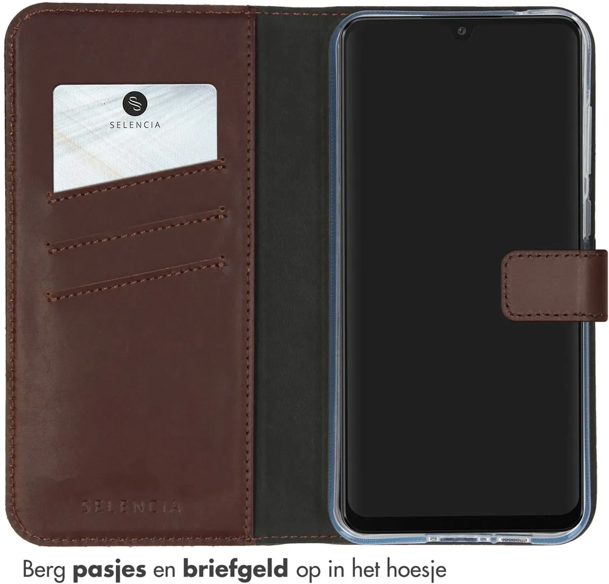 Selencia Hoesje Samsung Galaxy A55 - Echt Lederen Bookcase Donkerbruin