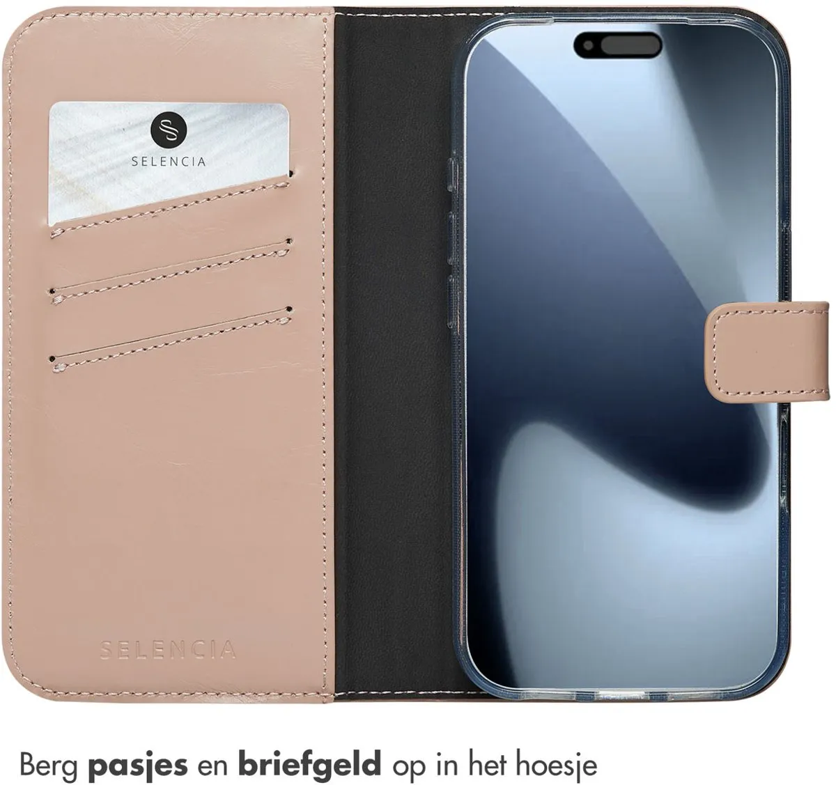Selencia Hoesje iPhone 17 Pro Echt Lederen Bookcase - Lichtroze