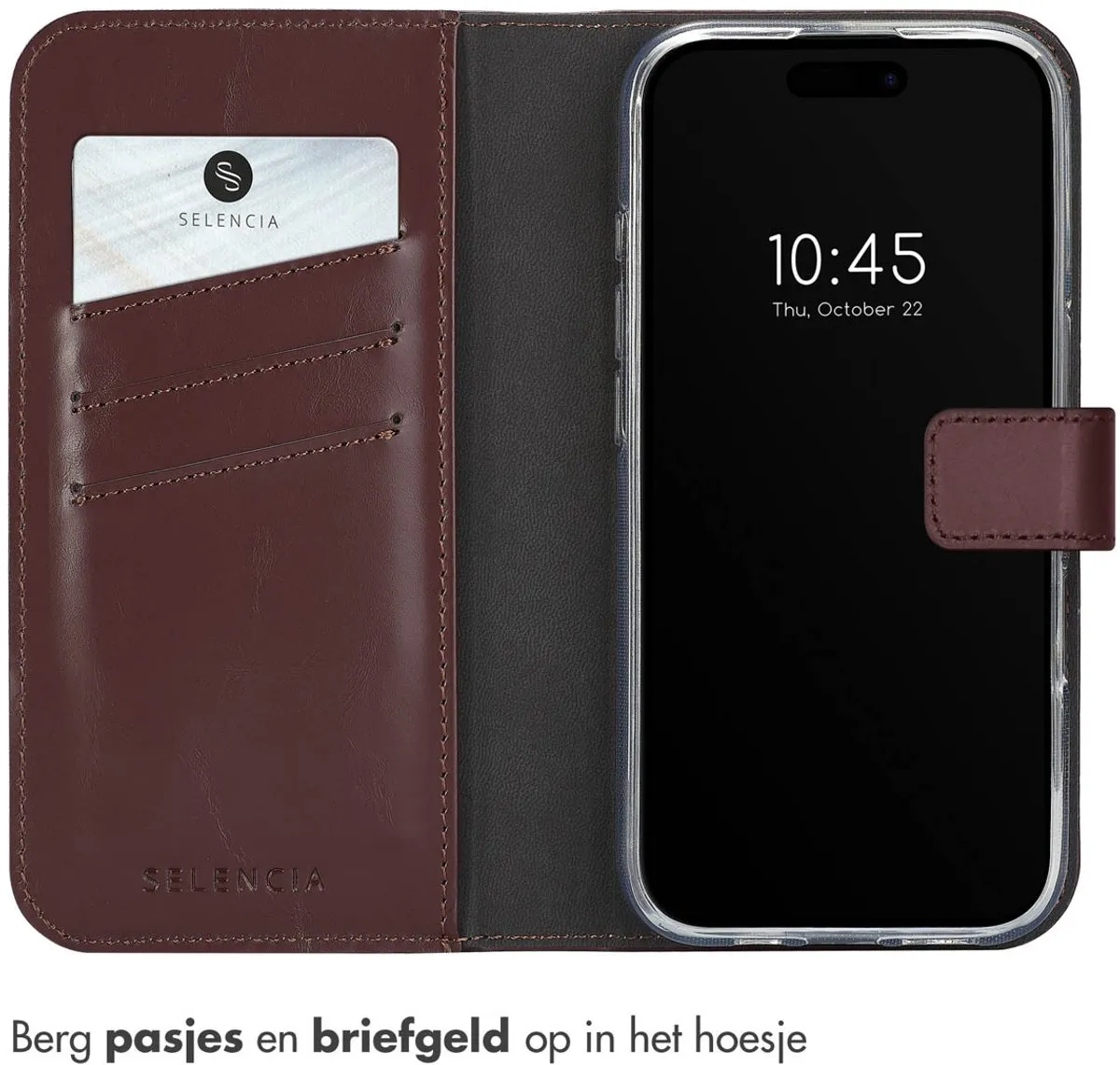 Selencia Hoesje iPhone 16 Pro - Echt Lederen Bookcase 3 Pasjes - Bruin