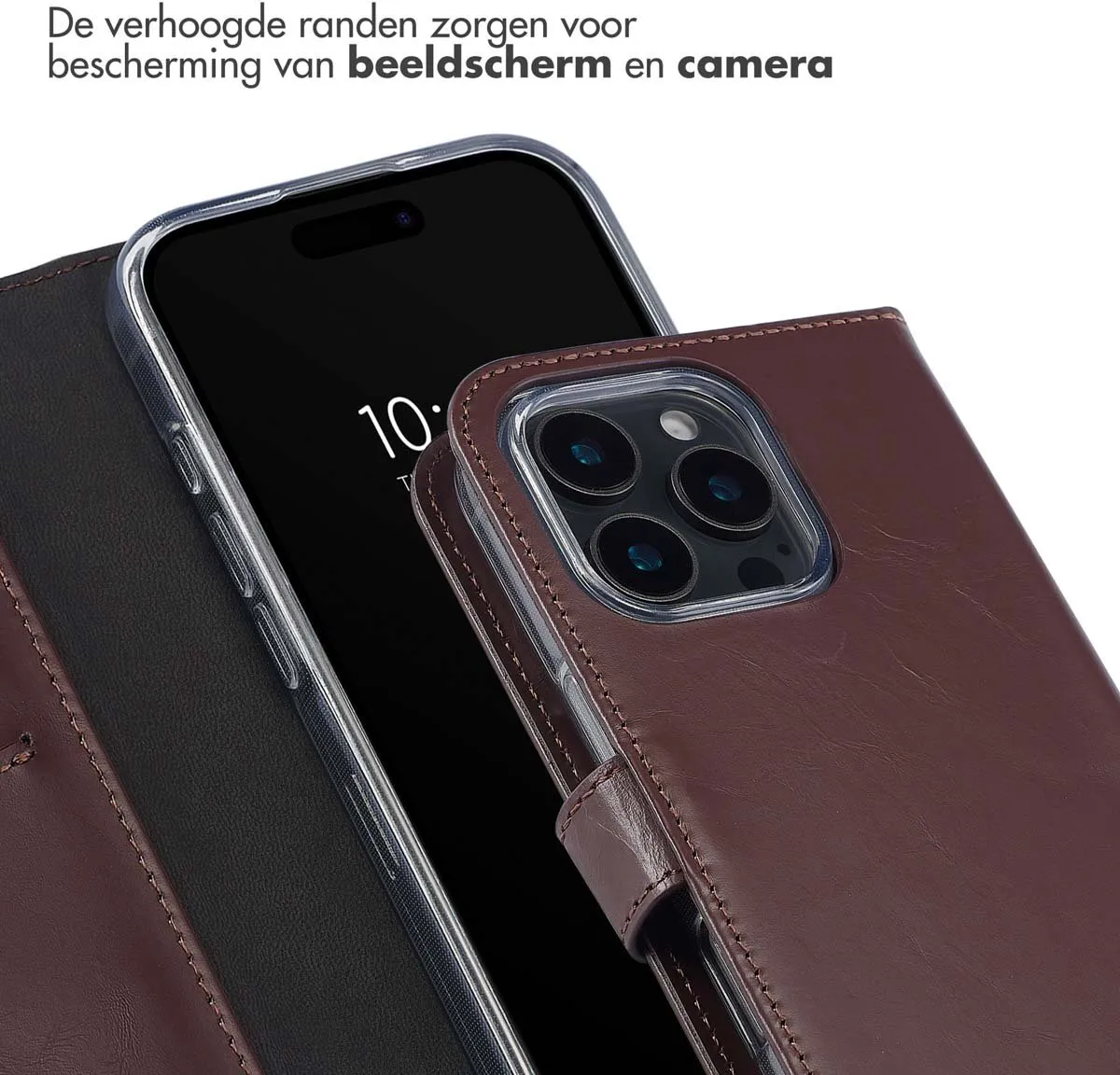 Selencia Hoesje iPhone 16 Pro - Echt Lederen Bookcase 3 Pasjes - Bruin