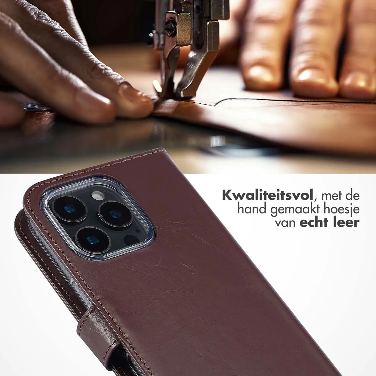 Selencia Hoesje iPhone 16 Pro - Echt Lederen Bookcase 3 Pasjes - Bruin