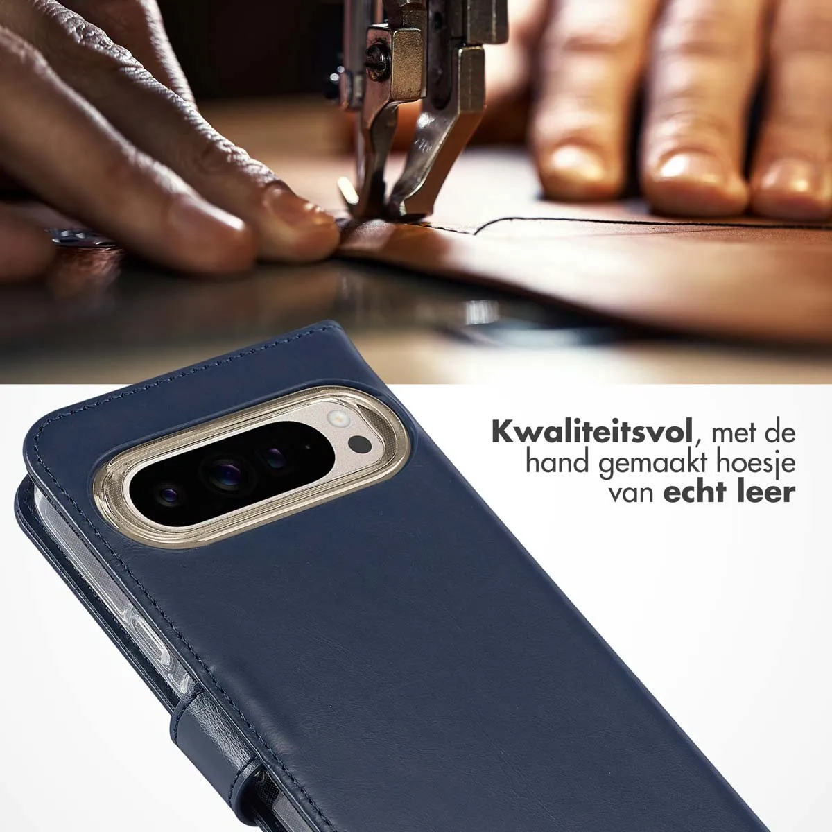Selencia Hoesje Google Pixel 9/9 Pro - Echt Lederen Bookcase Blauw