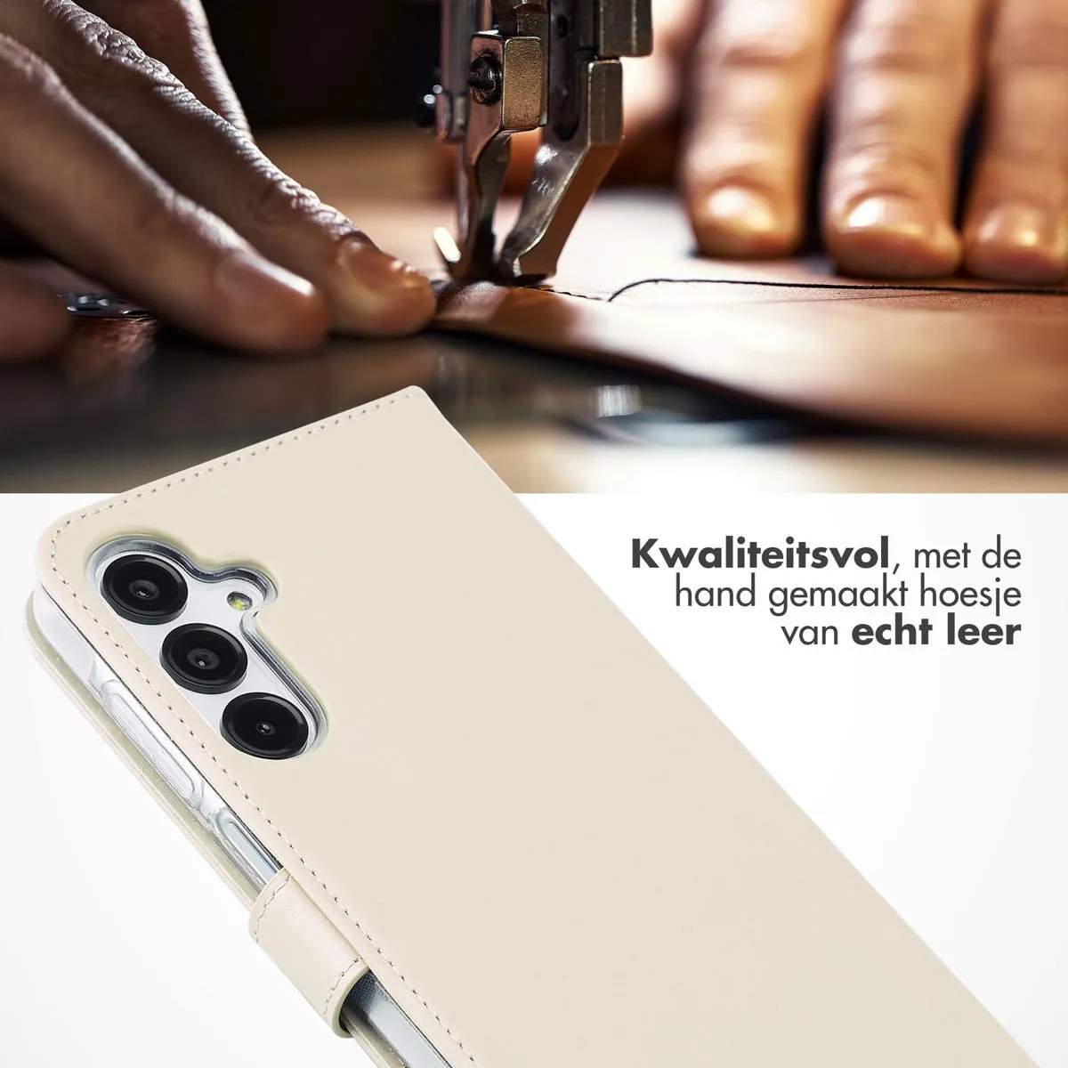 Selencia Hoesje Samsung Galaxy A16 - Echt Lederen Bookcase - Beige
