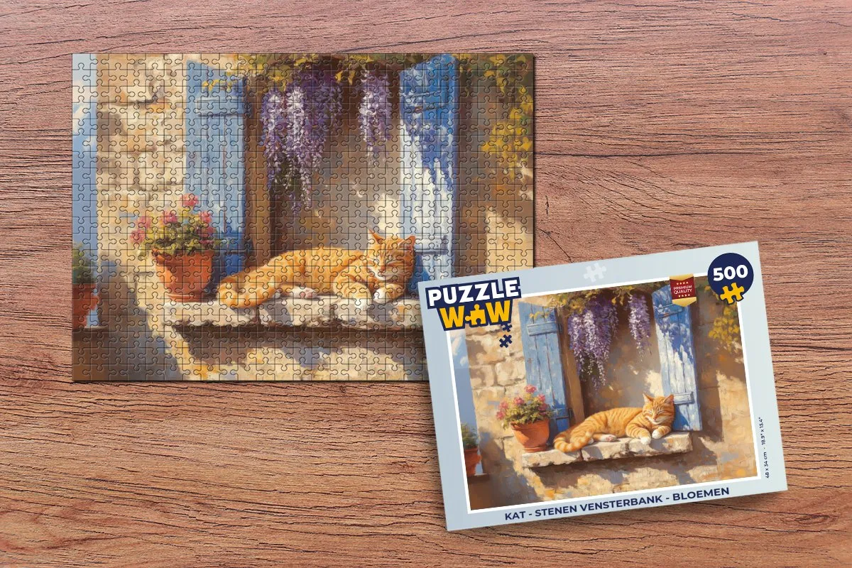 PuzzleWow Kat Vensterbank Bloemen Legpuzzel 500 Stuks