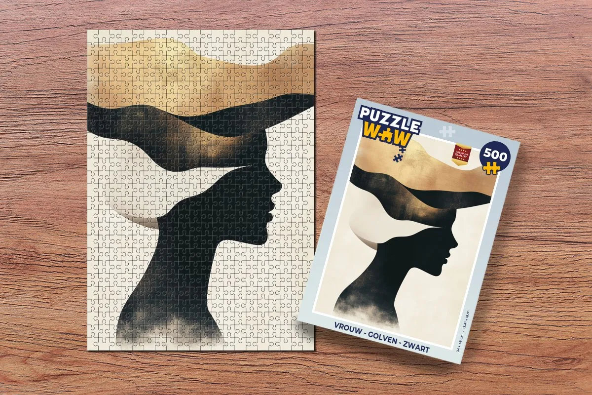 PuzzleWow Vrouw - Golven Legpuzzel 500 Stuks - Zwart/Goud/Beige