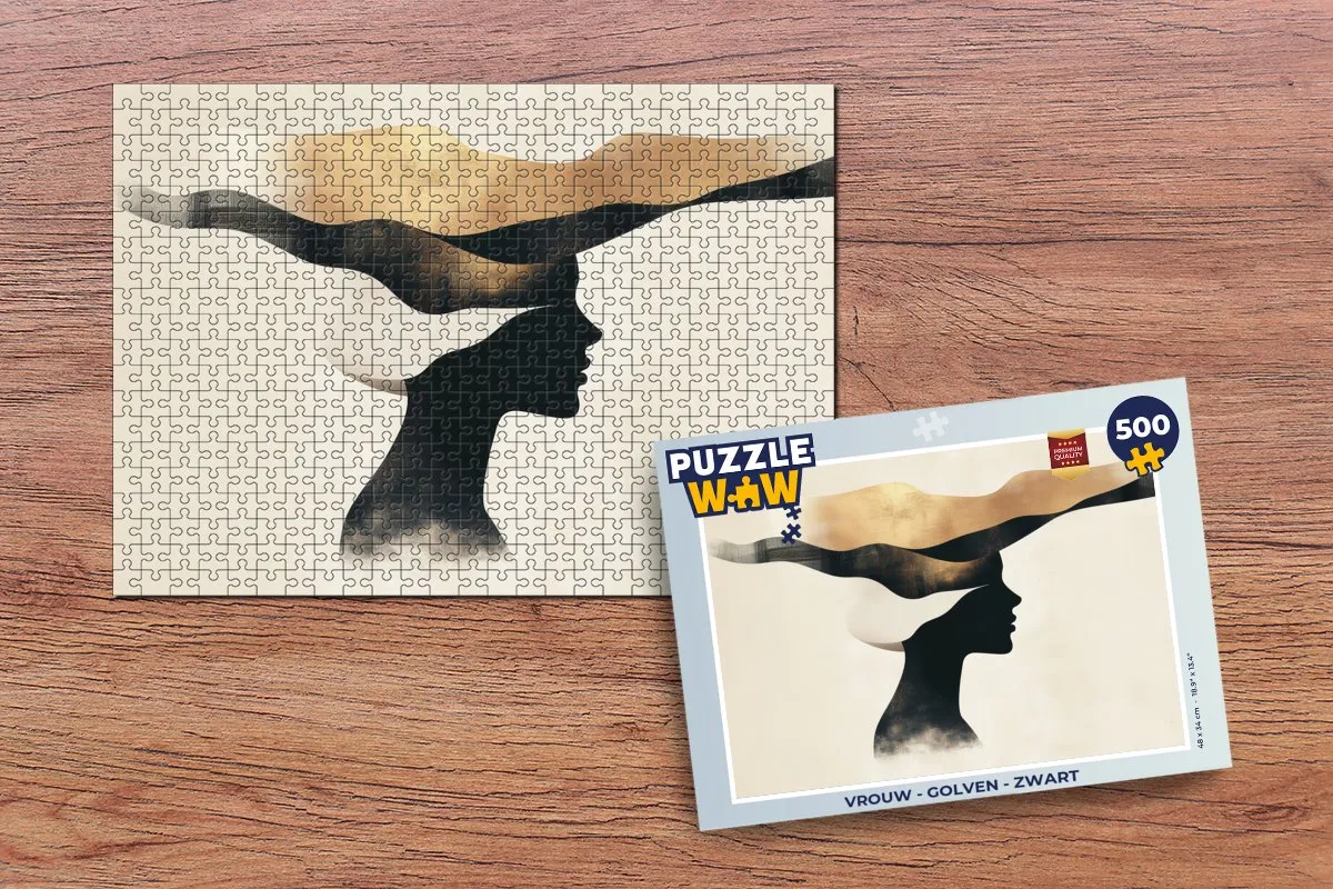 PuzzleWow Vrouw - Golven Legpuzzel 500 Stuks - Zwart/Goud/Beige